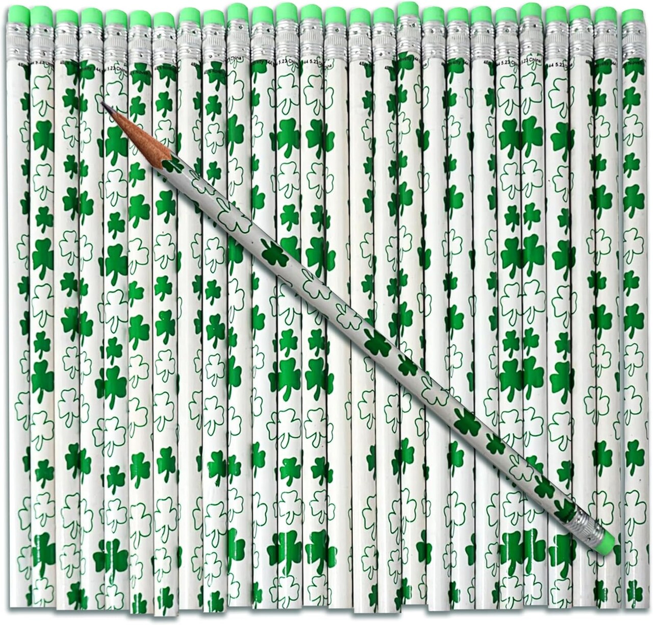 4E's Novelty St. Patrick's Day Pencils, 30 Pack, Bulk Wooden Green & White Shamrock Pencils for Kids Pencils for Kids, Classroom Party Favors Supplies Gifts